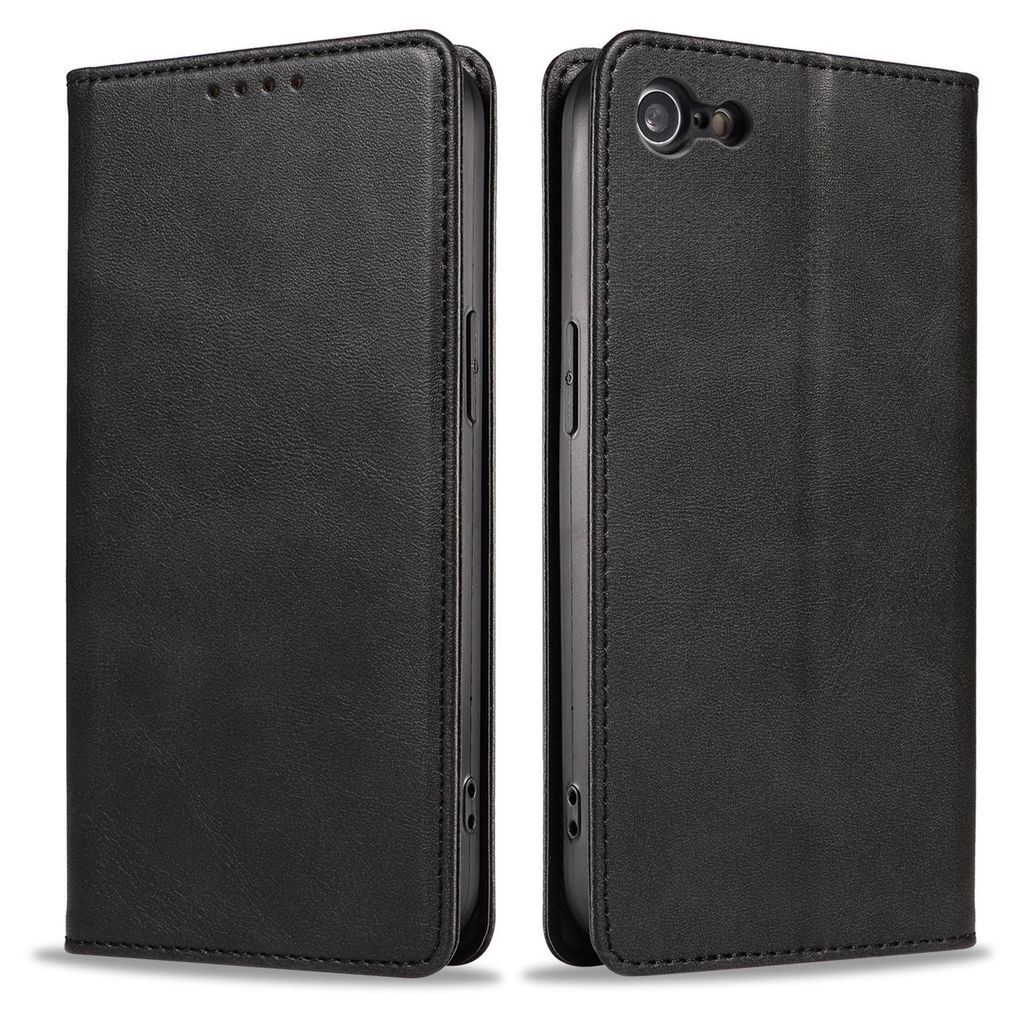 A black leather flip cover phone case shown from two angles.