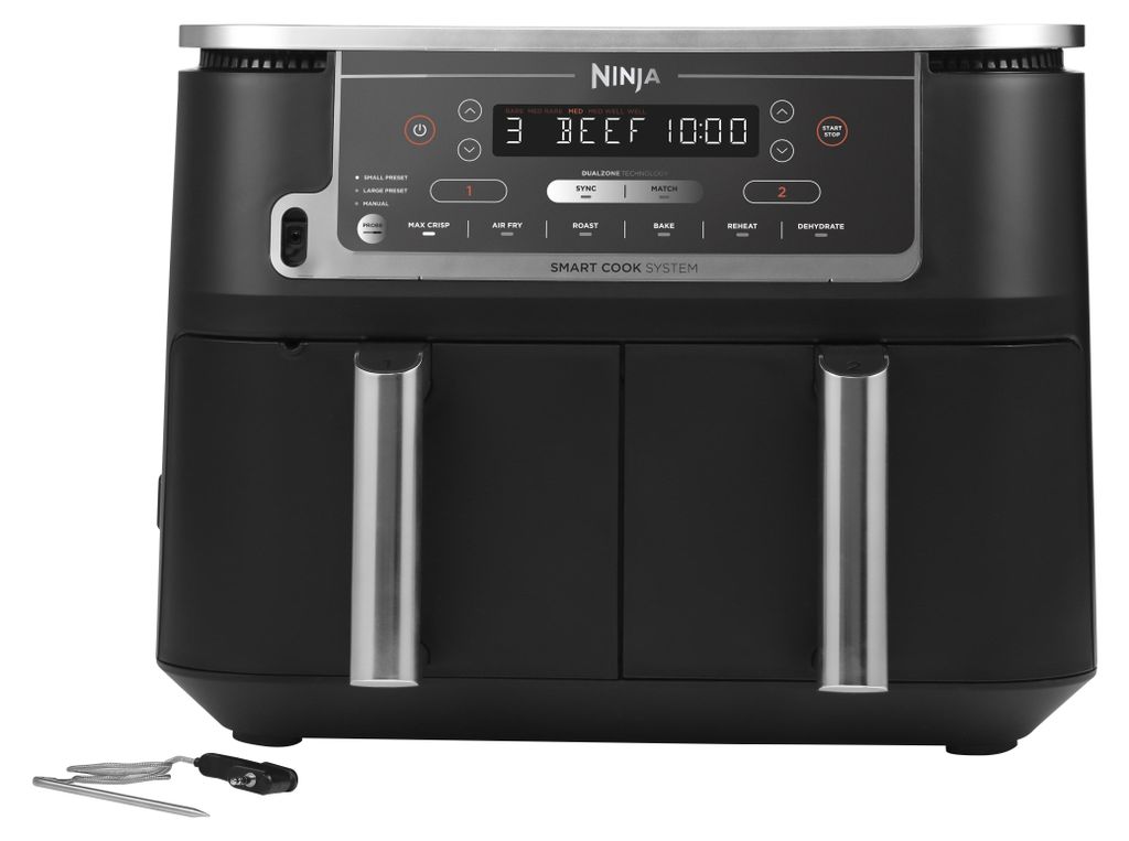 A black Ninja Foodi Max Dual Zone air fryer with a digital display and control panel.