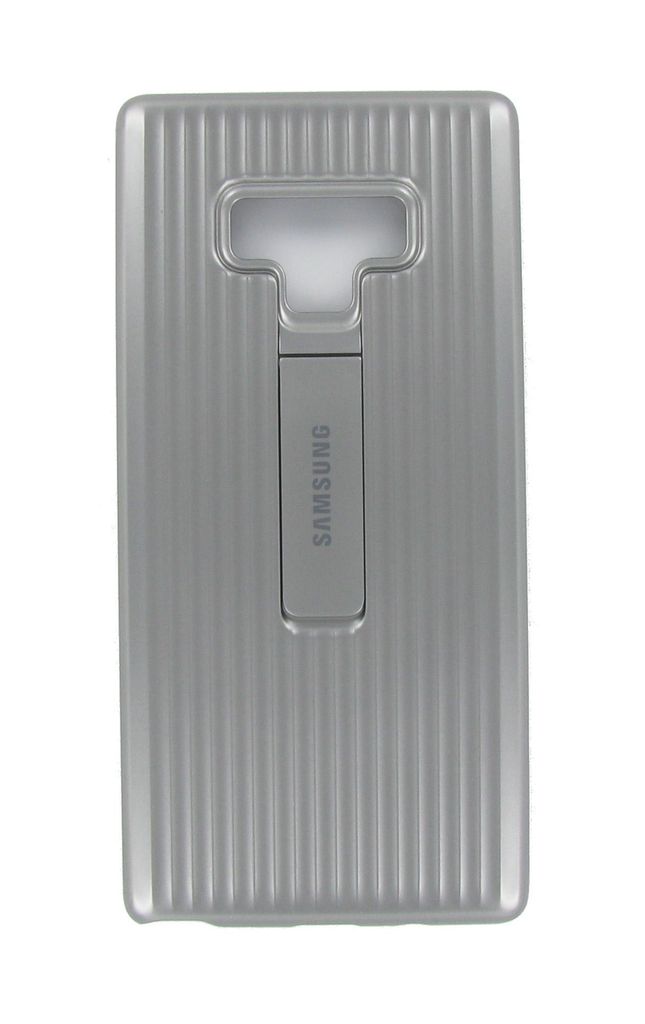 A grey Samsung phone case with a built-in stand.