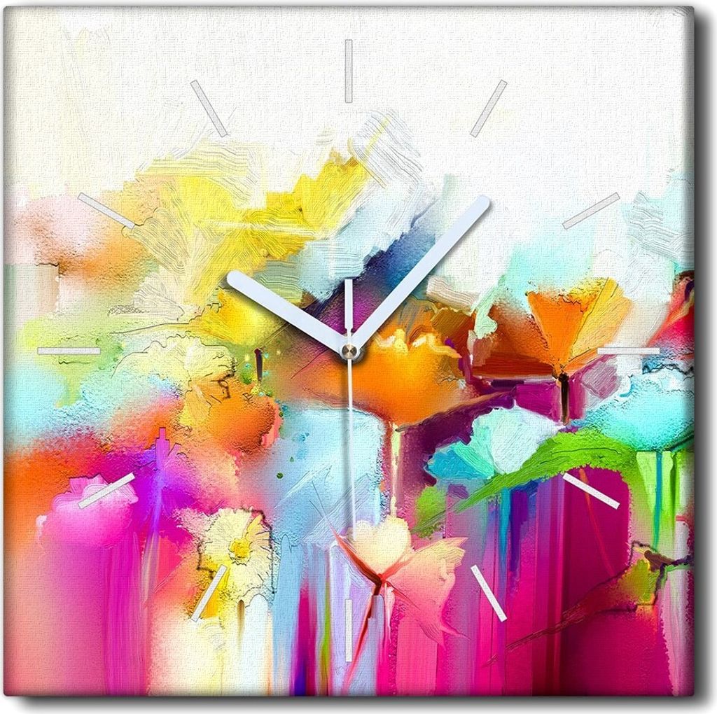 Coloray Uhr auf Leinwand 30x30 cm Wand Uhr Dekoration Wohnzimmer Segeltuch weiße Zeiger -Kunst Abstraktionsblumen.