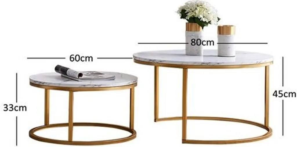 Table de Salon Ronde en Marbre et Bois avec Pieds Dorés - Set de 2 Pièces