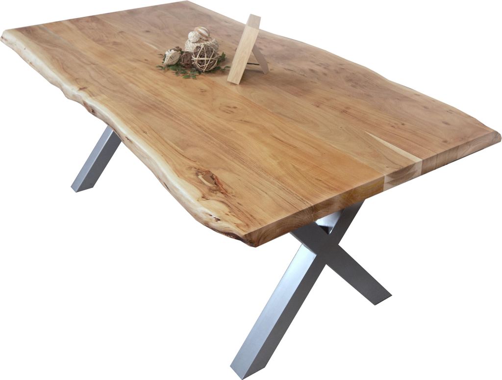 Esstisch Baumkante massiv Akazie Natur 280 x 120 X-Gestell silber CALI