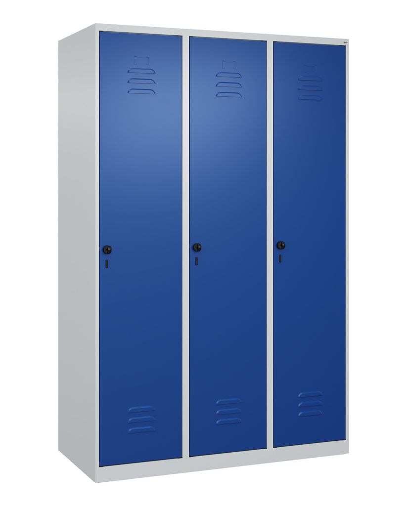 Garderobenschrank, BxTxH 1200x500x1850 mm, 3 Abteile, B 400 mm, Bodenstehend, Drehriegel, RAL 7035/5010