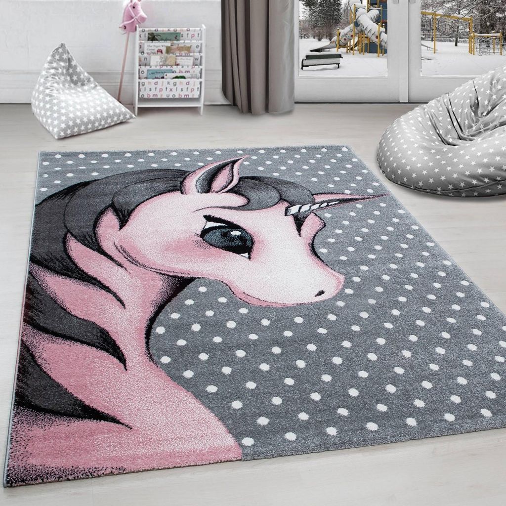 Einhorn-Kinderzimmerteppich – Grau-Weiß-Rosa 120 x 170 cm