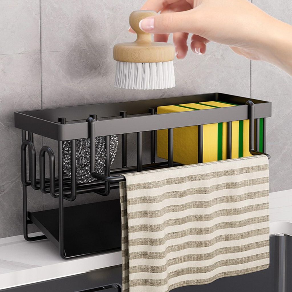 Küchenorganizer mit Schwammhalter - Küchenorganizer mit abnehmbarem Geschirrtuchhalter, Metallorganizer mit automatischem Abtropfgitter, zur Wand...