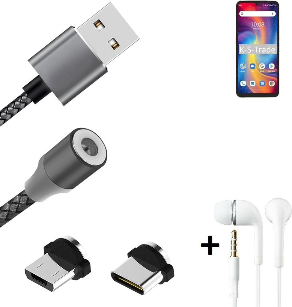K-S-Trade Hochwertiges Magnet-Lade-kabel Sync-Kabel Daten-Kabel + Kopfhörer kompatibel mit UMIDIGI A13 Pro mit USB-Typ-C-Anschluss und