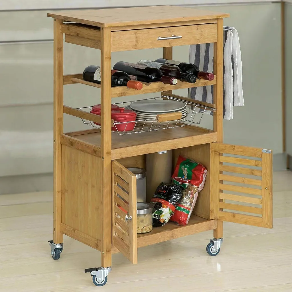 SoBuy Carrello Cucina Bamboo con Ruote | Mobiletto Portabottiglie Elegante