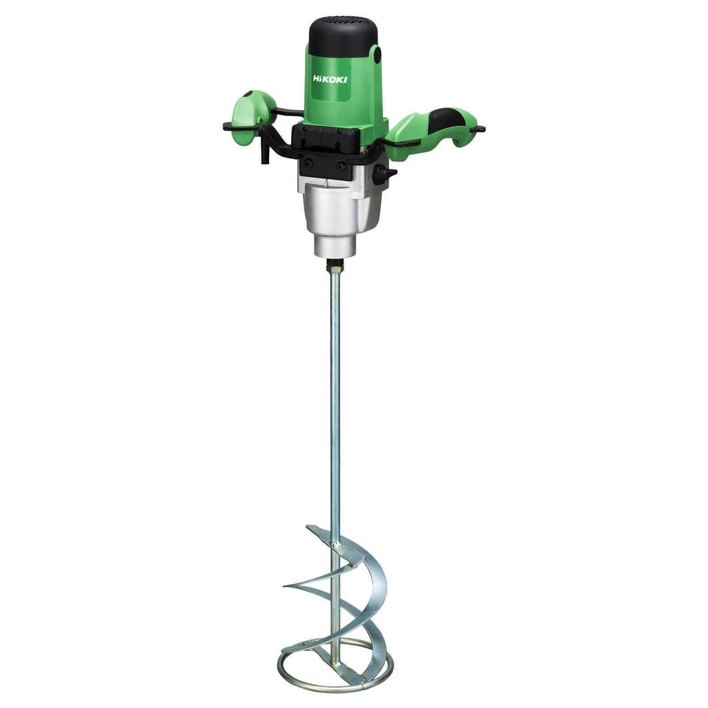 A HiKOKI electric mixer with a mixing paddle.