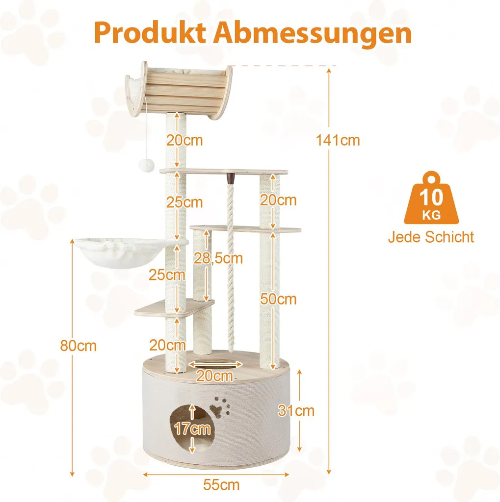 Arbre à Chat Stable en Bois, Solution Anti-Griffures avec Grande Niche