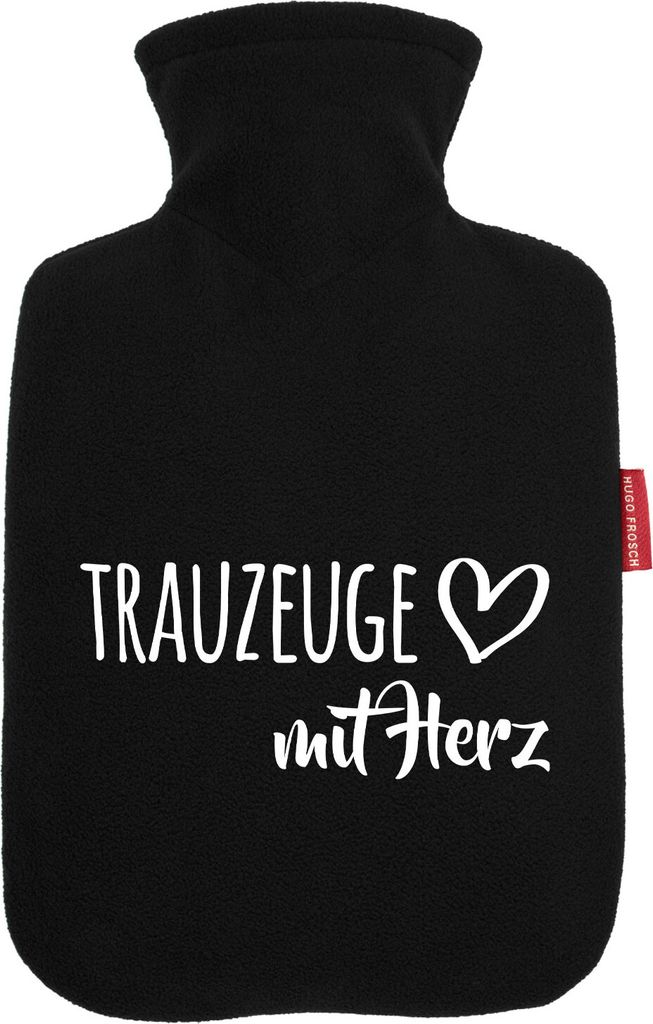 Huuraa Wärmflasche Trauzeuge mit Herz 1,8 Liter Black Classic Veloursbezug Bettflasche Geschenkidee