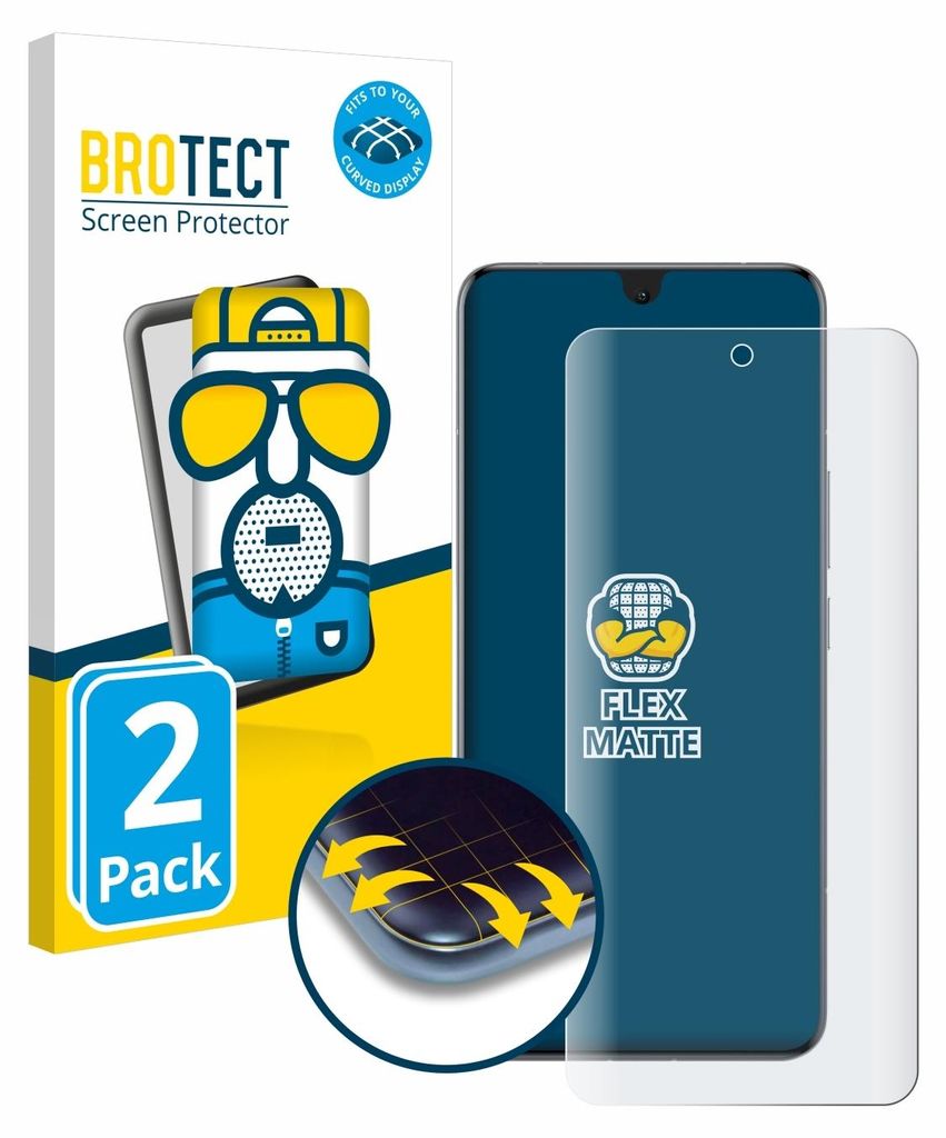 Product packaging for a screen protector, with a graphic of a stylized character and a smartphone displaying the product.