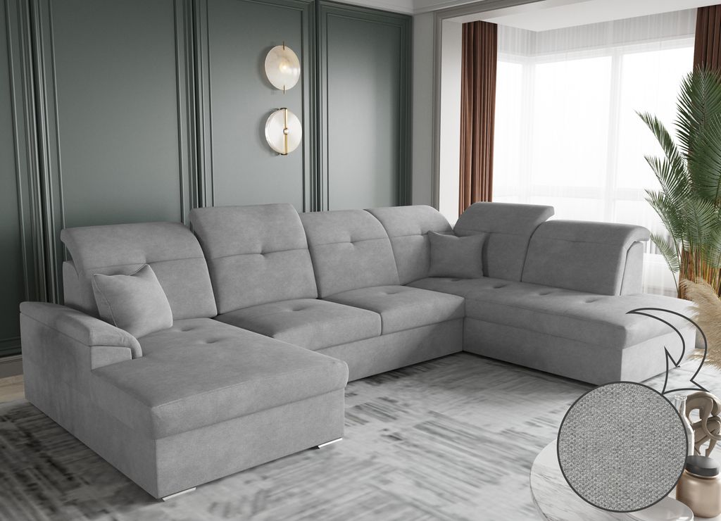 Kaiser Möbel Ecksofa mit schlaffunktion und bettkasten, Schlafsofa, Sofa U Form, Couch U Form BARON stoff Brooklyn Grau Links