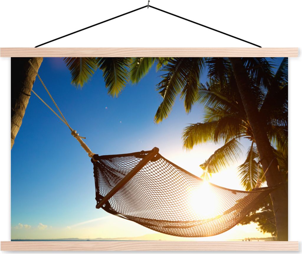 MuchoWow Textilposter Hängematte - Strand - Sonne 60x40 cm mit holzfarbenen Rahmen - Bilder