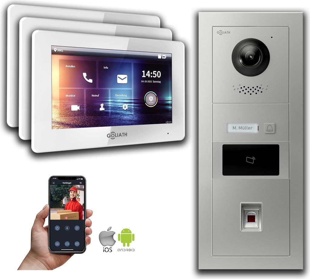 Türsprechanlage mit Kamera Goliath IP 2-Draht 3-Monitor Fingerprint RFID : 7 Zoll in Weiß : Unterputzdose Monitor Auswahl: 7 Zoll in Weiß Türkl...