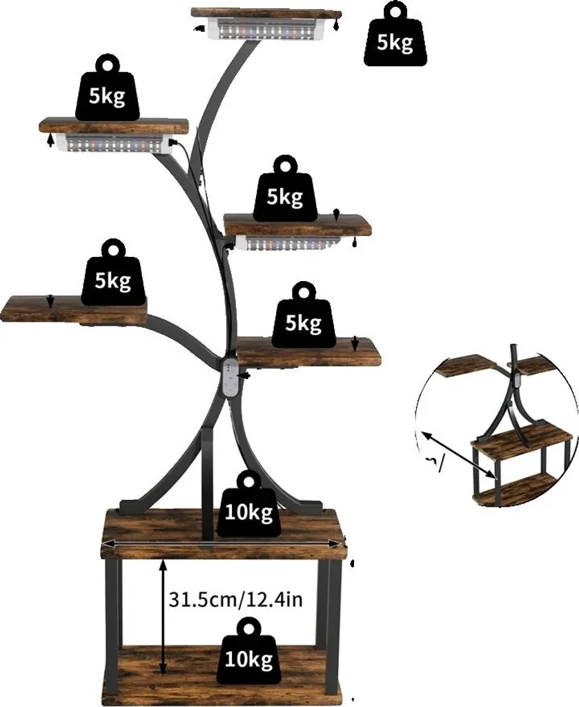 Étagère pour plantes intérieure brun bois avec éclairage LED horticole