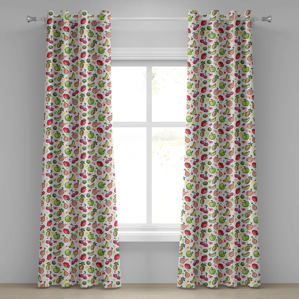 ABAKUHAUS Tenda con occhielli Frutta, acquerello pere ciliegie kiwi mele pennellate spruzza simpatica cucina per bambini, tende decorative a 2 pannelli, 280 cm x 245 cm, verde limone pesca rosso