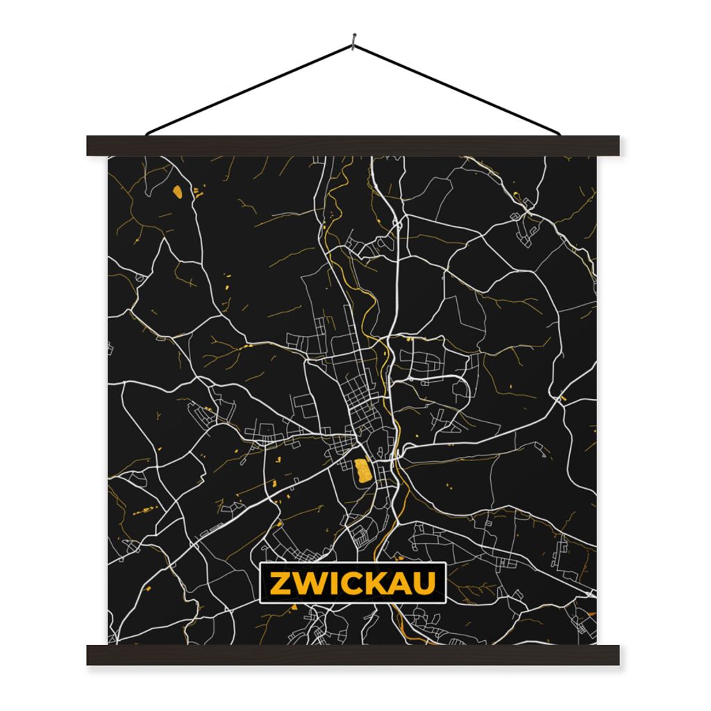 MuchoWow Textilposter Zwickau - Stadtplan - Karte - Deutschland - Gold 120x120 cm mit schwarzem Rahmen - Aufhängungsset