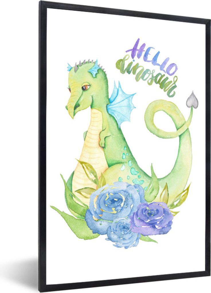 MuchoWow Gerahmtes Poster Dinosaurier - Blumen - Kinderzimmer - Jungen - Mädchen - Kinder 60x90 cm - Poster mit Schwarzem Bilderrahmen Wandposte...