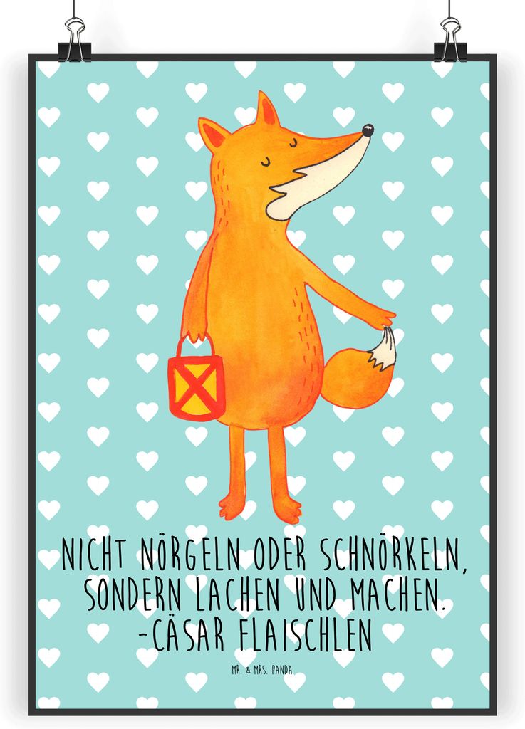 Mr. & Mrs. Panda Bild Fuchs Laterne DIN A3 - Türkis Pastell - Geschenk, Positiv, Sankt Martin, Wanddekoration, Kunstdruck, wanddeko, Optimistisch,...