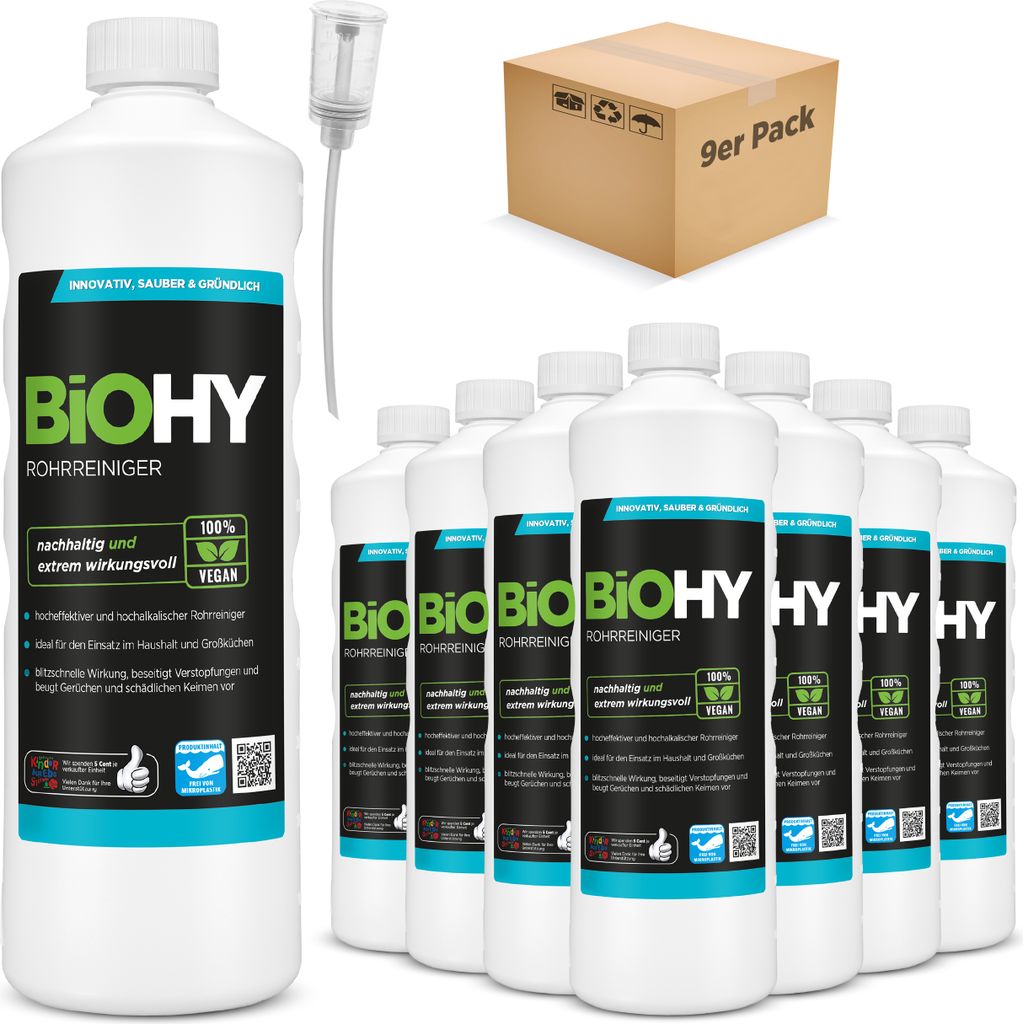 BiOHY Rohrreiniger (9x1l Flasche) + Dosierer | EXTRA STARK | Flüssiger, hochkonzentrierter Abflussreiniger | Geruchsneutral | Für alle Verstopfungen