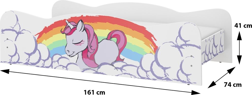 A child's bed with a unicorn and rainbow design.