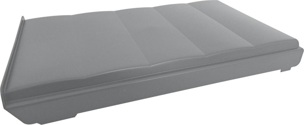 A gray lid for a trash can is shown from a diagonal angle.
