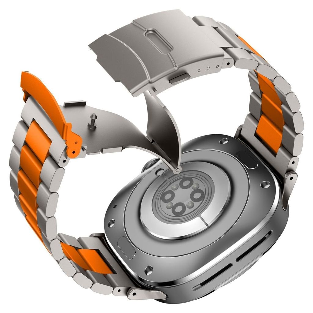 The back of a smartwatch with a metal and orange watchband is shown.