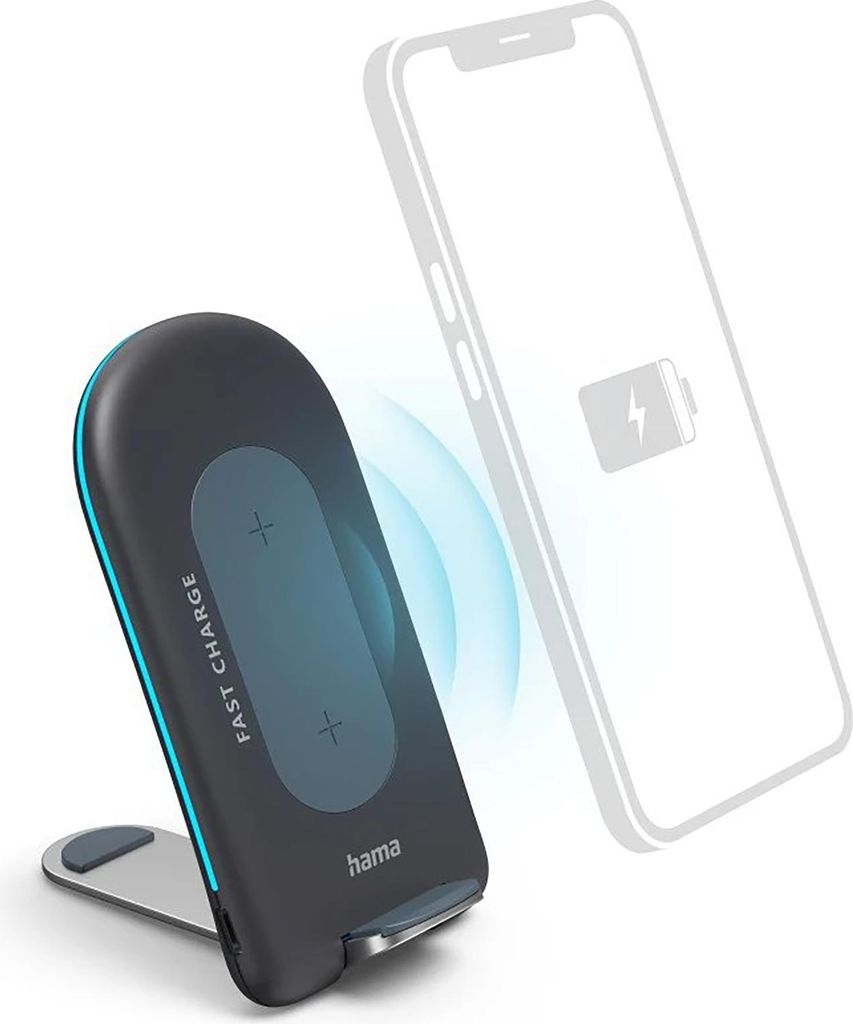 A wireless charger is shown in the foreground, with a ghosted image of a smartphone in the background, indicating charging.