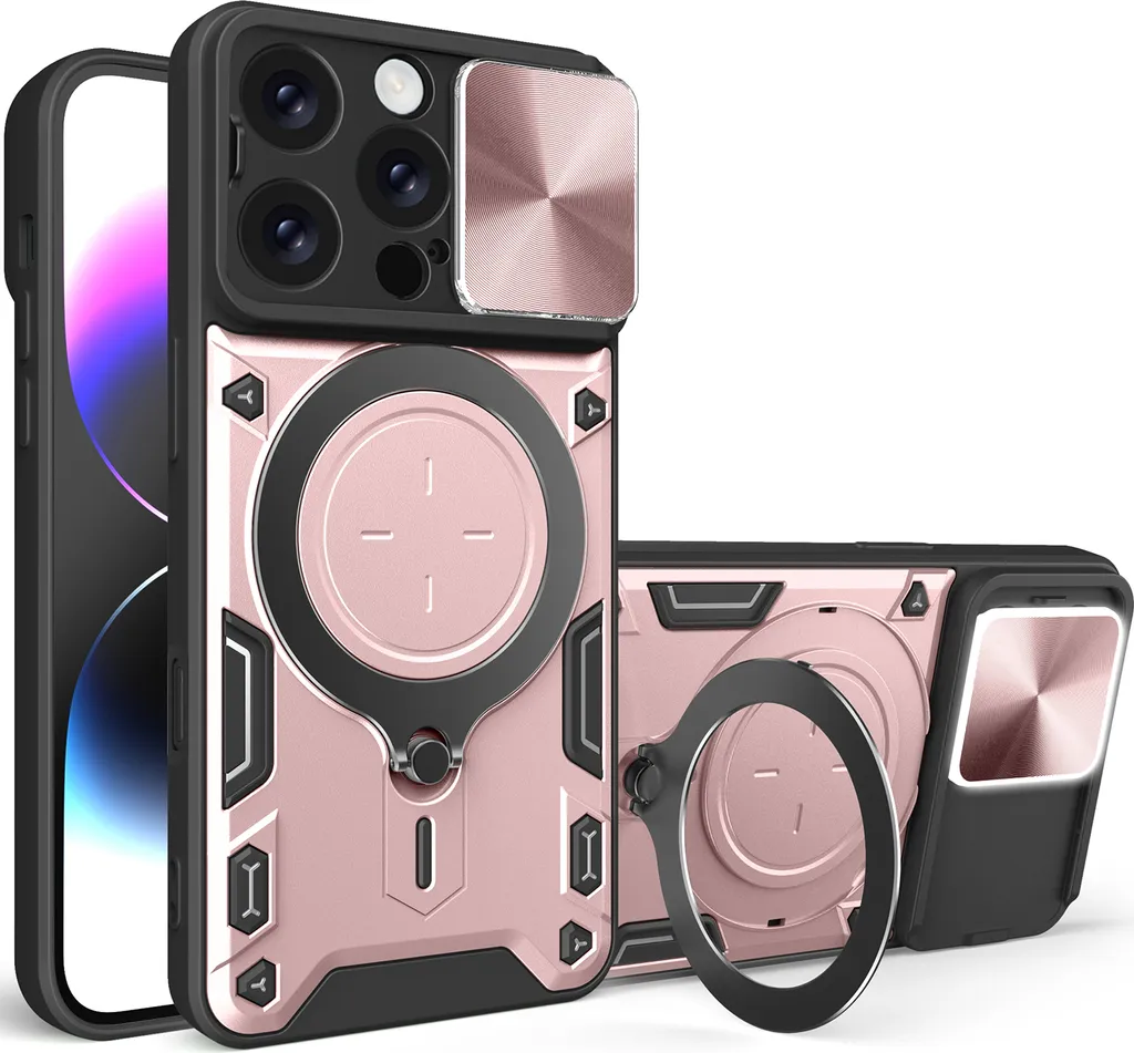 Custodia per iPhone 16 Pro a doppio strato con copertura della fotocamera e supporto ad anello Rosa