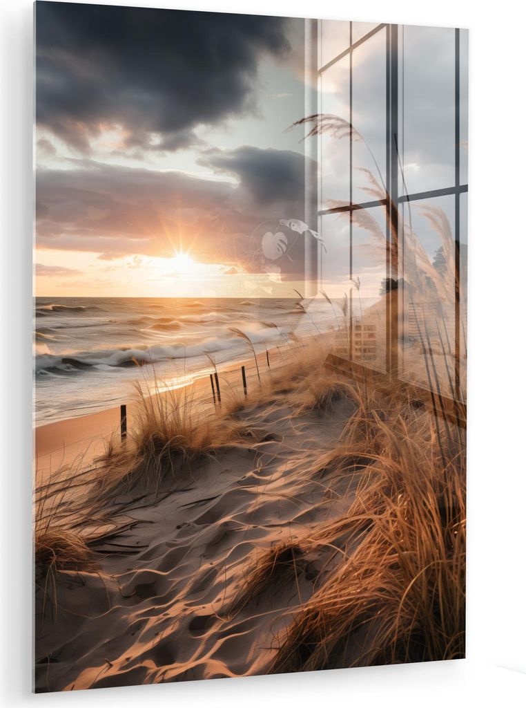 MuchoWow Glasbilder - Bilder auf Wandbild - Foto auf Glas Strand - Dünen - Meer - Sand - Hochgras 60x80 cm Wanddekoration aus Glas - Acrylglasbild...