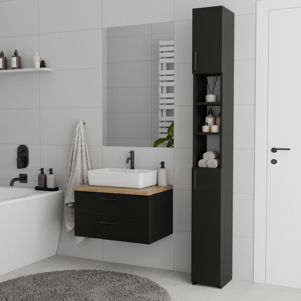 Badschrank Hochschrank schmal schwarz matt