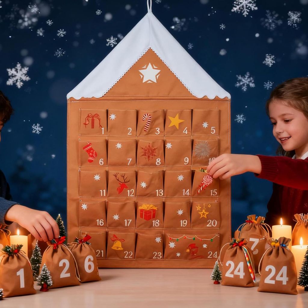 Adventskalender mit Taschen, wiederverwendbarer, 24-Tage-Countdown, Hängeaufbewahrung Beutel für die Weihnachtsdekoration zu Hause,