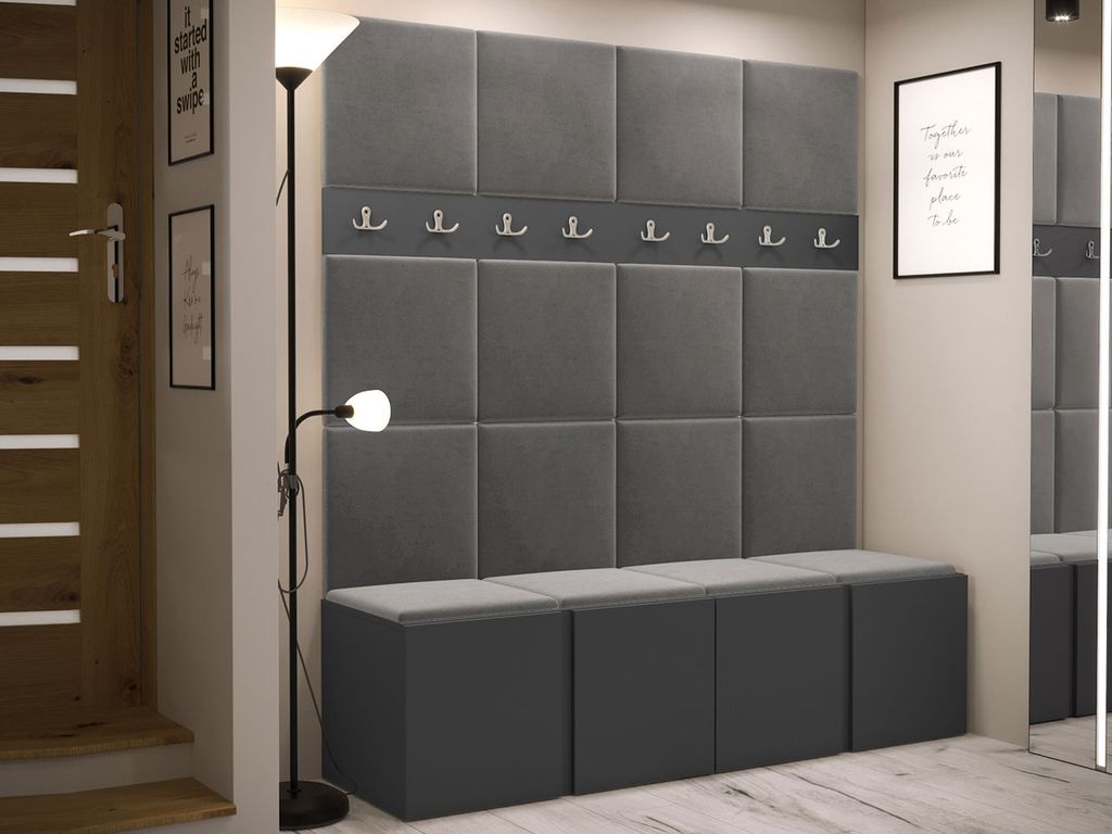 Mirjan24 Garderoben-Set Easton V, Garderobe mit 16 Stück Gepolstertes Wandpaneel Pag 42x42 (Graphit + Schwarz, Manila 16)