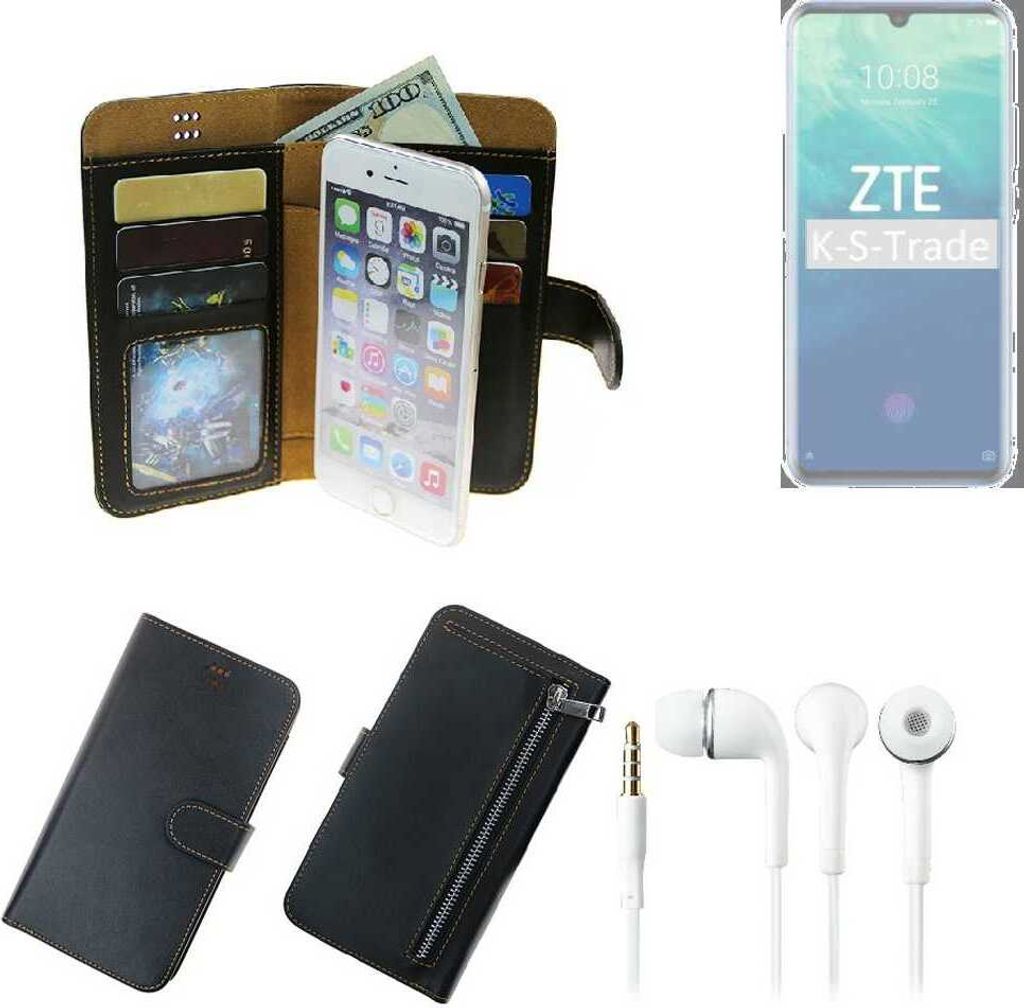TOP SET Handy Hülle Schutz Hülle kompatibel mit ZTE Blade V10 schwarz aus Kunstleder + Kopfhörer Smartphone Tasche vollwertige Geldbörse