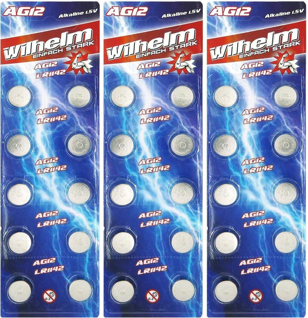30 X Wilhelm AG12 LR43 - L 1142 - 186 - V12GA Qualitätsbatterien 1,5 V Alkaline