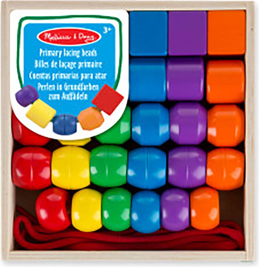 A wooden box containing colorful lacing beads and red strings.