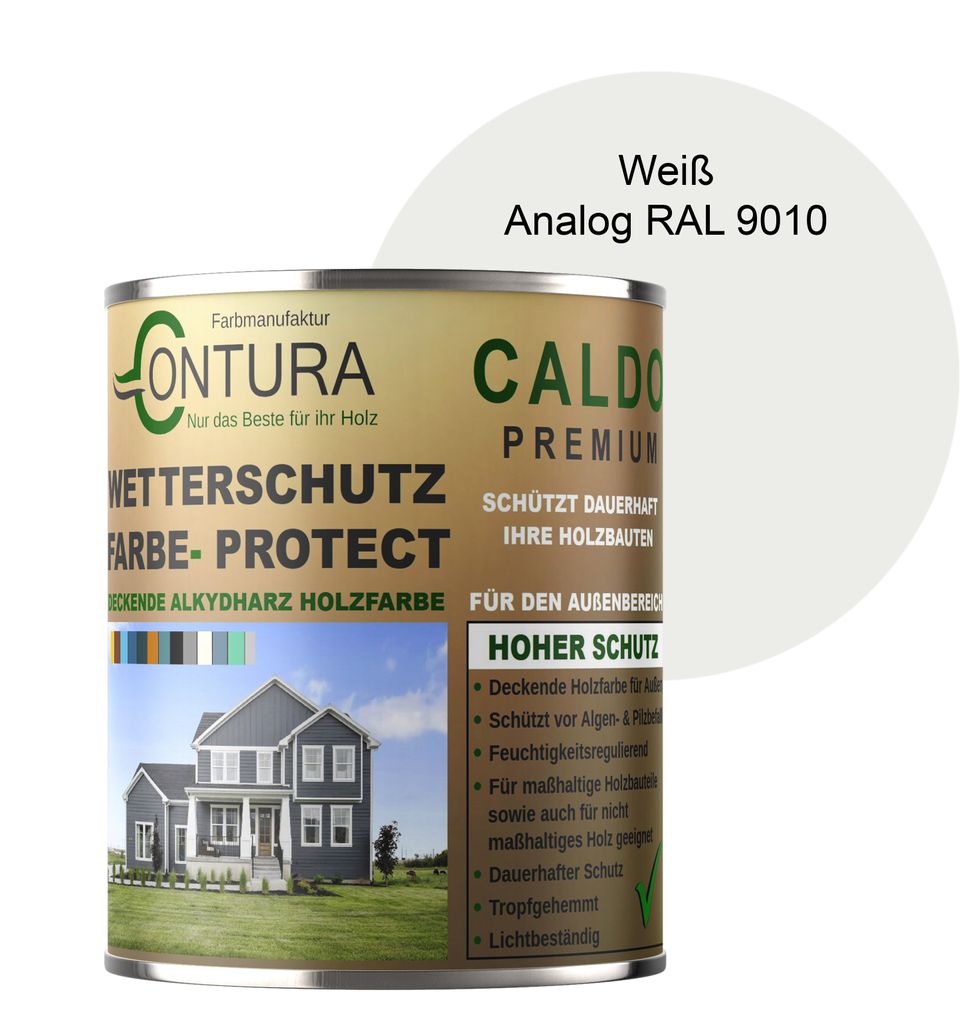 Contura 1Liter Wetterschutzfarbe Holz Dauerschutzfarbe Deckend Buntlack Holzfarbe Holzlasur Seidenmatt - Weiß - RAL 9010 Analog