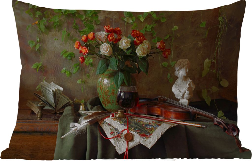 MuchoWow Outdoor Kissen - Blumen - Geige - Stilleben - 60x40 cm - Wetterfest - Lounge Kissen - Zierkissen - Kissen für Innenräume