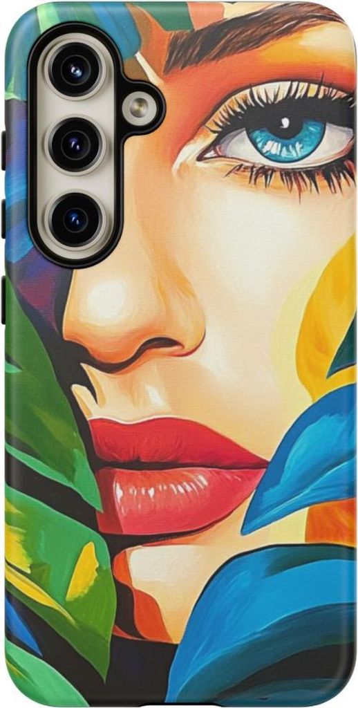 Kunstvolles Frauenporträt hinter Monstera-Blättern – Handyhülle Kompatibel mit Galaxy S24