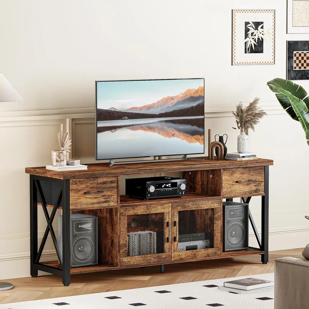 Meuble TV Industriel en Métal et Bois pour Écrans de 45 à 55 Pouces