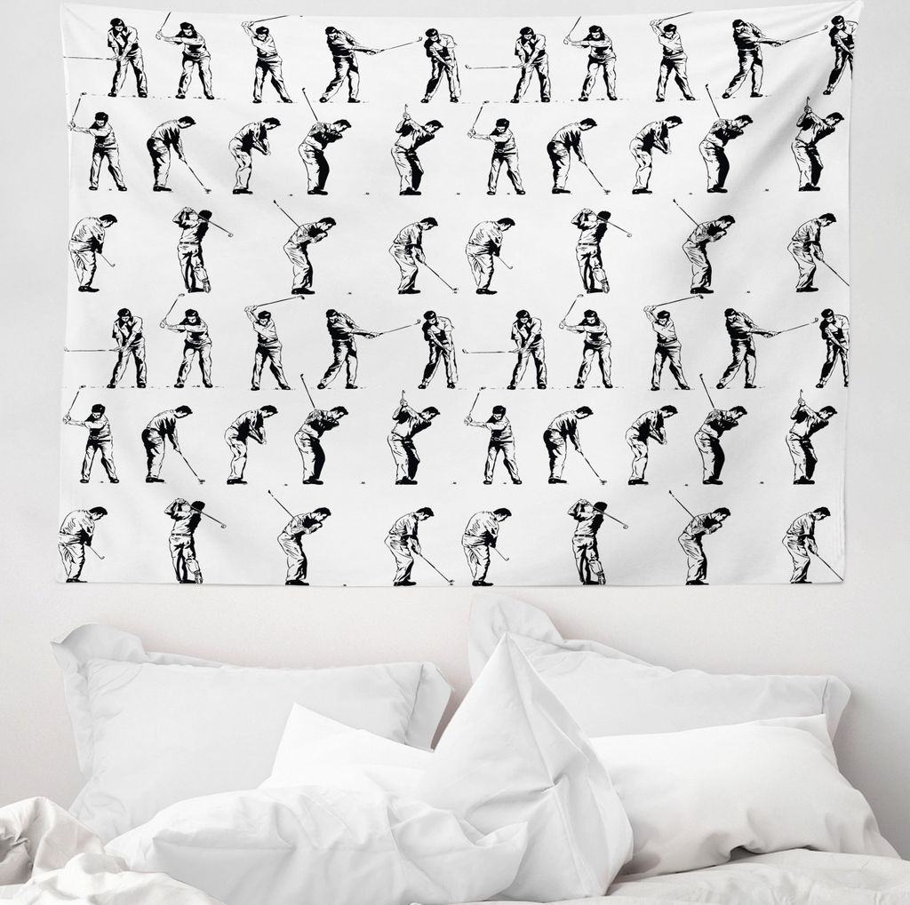 ABAKUHAUS Golf Wandteppich, Golf Swing Hobby Spiel aus Weiches Mikrofaser Stoff Waschbar ohne Verblassen Digitaldruck, 150 x 110 cm, Weiß Schwarz