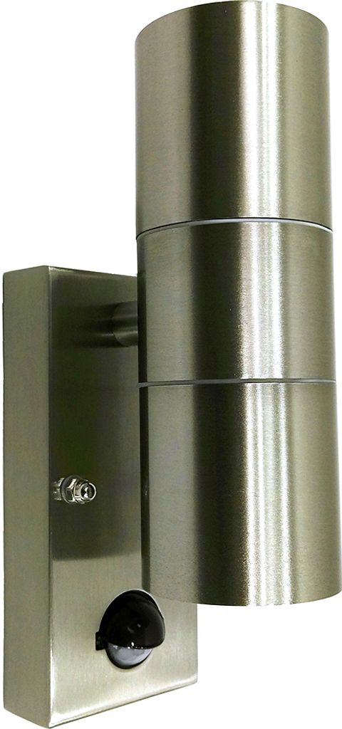 A silver outdoor wall light with a motion sensor.