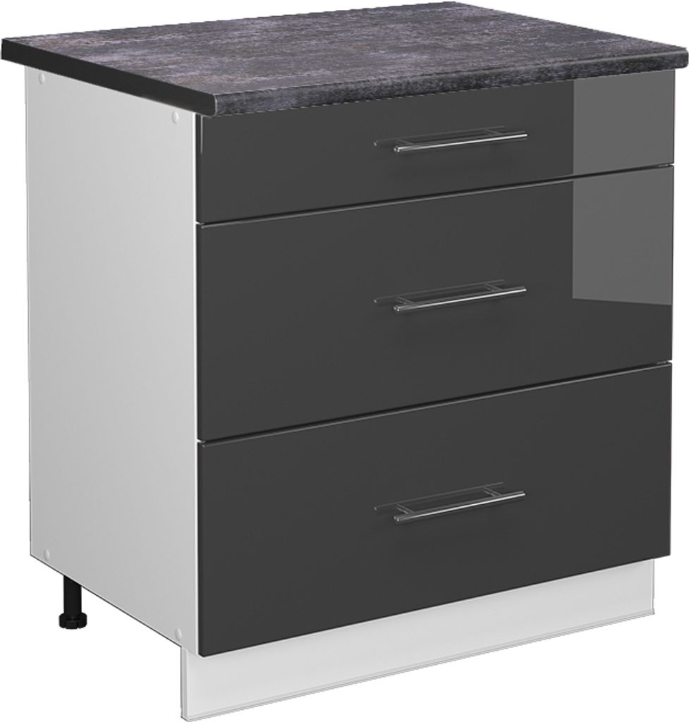 Küchenunterschrank Vicco Fame-Line Anthrazit Hochglanz 80 cm mit 3 Schubladen, AP Anthrazit, Model 45577