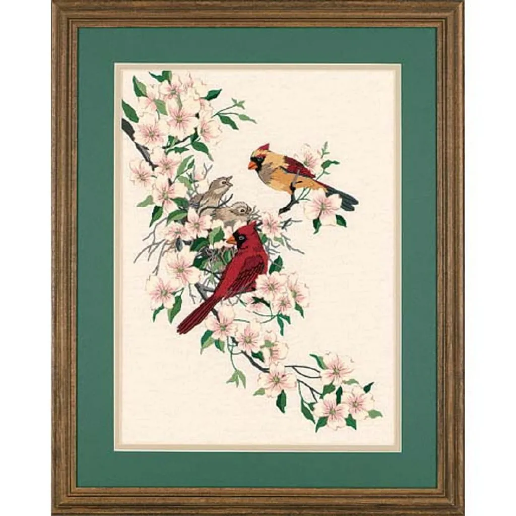 Broderie Point de Satin Cardinaux et Cornouiller - Set de 27x38 cm