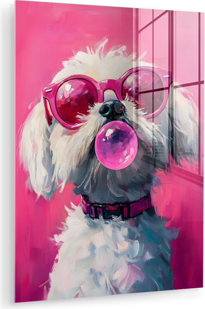 MuchoWow Glasbilder - Bilder auf Wandbild - Foto auf Glas Rosa - Hund - Blase 30x40 cm Wanddekoration aus Glas - Acrylglasbild - Acrylbilder - Wohn...
