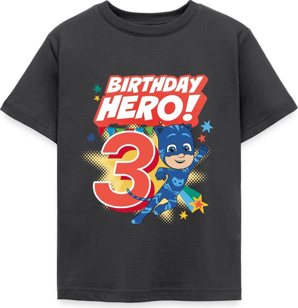 Spreadshirt PJ Masks Catboy Birthday Hero 3. Geburtstag Kinder T-Shirt, 98/104 (3-4 Jahre), Dunkelgrau