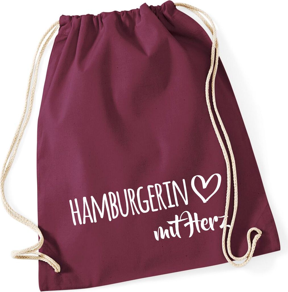 Huuraa Turnbeutel Hamburgerin mit Herz 12 Liter Burgundy Baumwolle Rucksack Geschenkidee