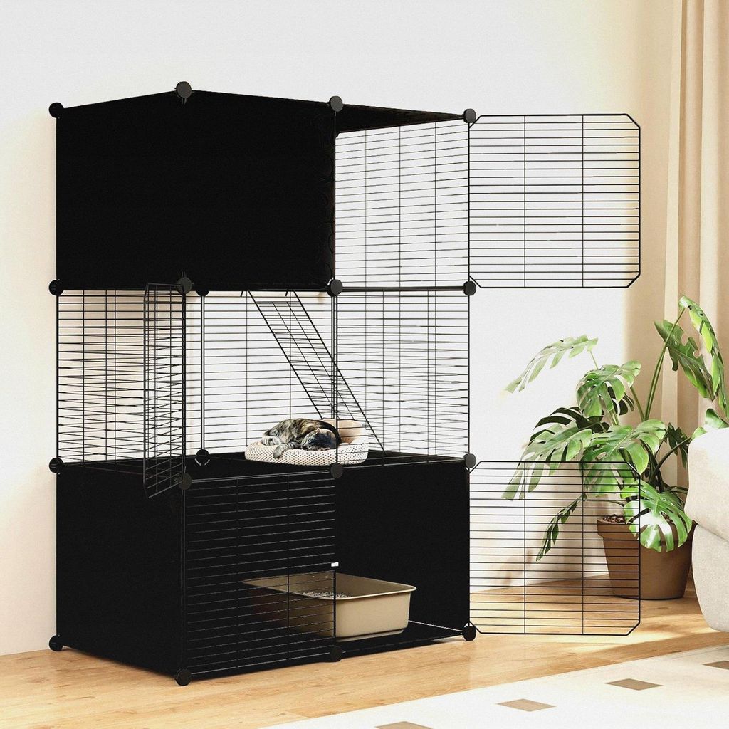 Katzenkäfig 3-stöckig, Katzengehege mit Abnehmbarer Catio-Spielplatz & 2 Rampen, DIY, Metalldrahtkäfig für Katzen Kleintiere, Katzenhütte Balk...