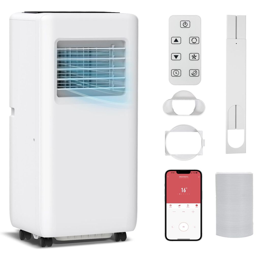 Puluomis Mobiles Klimaanlage 9000 BTU mit Abluftschlauch, 4-in-1 Klimagerät mit Fenster-Kit, Fernbedienung, 24h Timer,LED Display, RGB Licht, APP