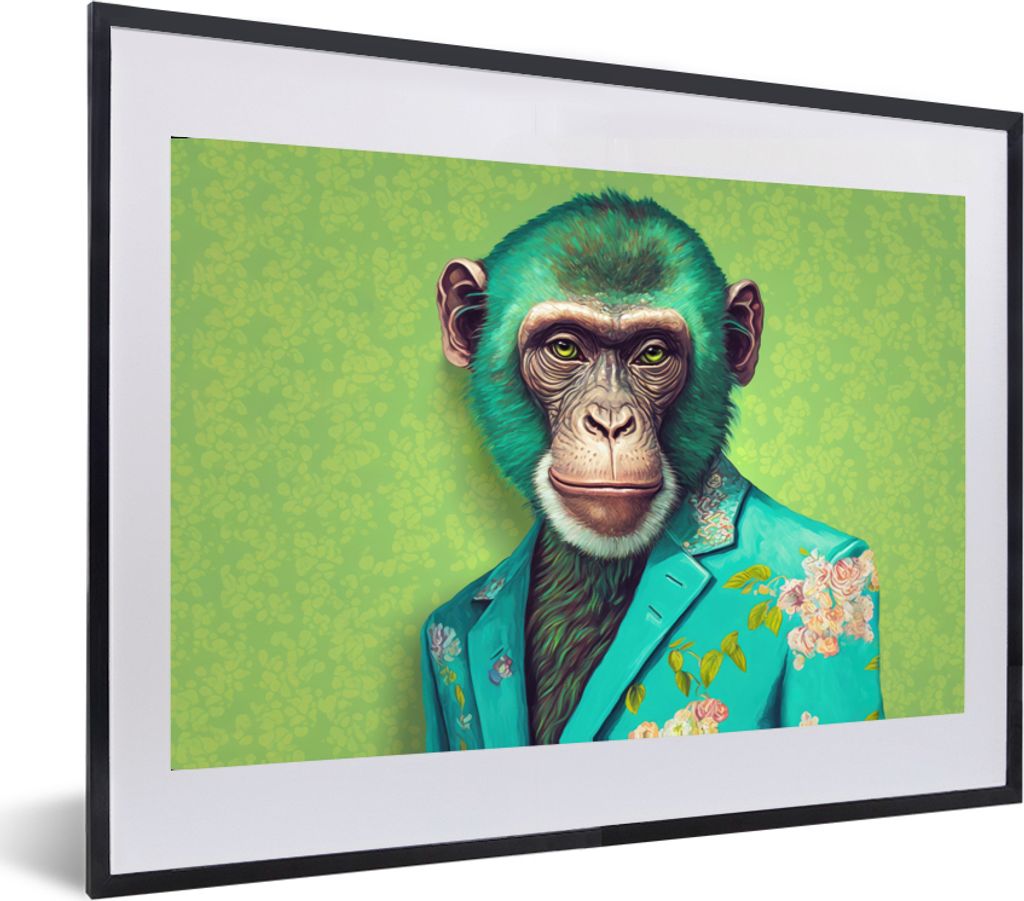 MuchoWow Gerahmtes Poster Affe - Colbert - Blumen - Neon - Porträt 60x40 cm - Poster mit Schwarzem Bilderrahmen Wandposter Rahmen Foto Bilder - ...